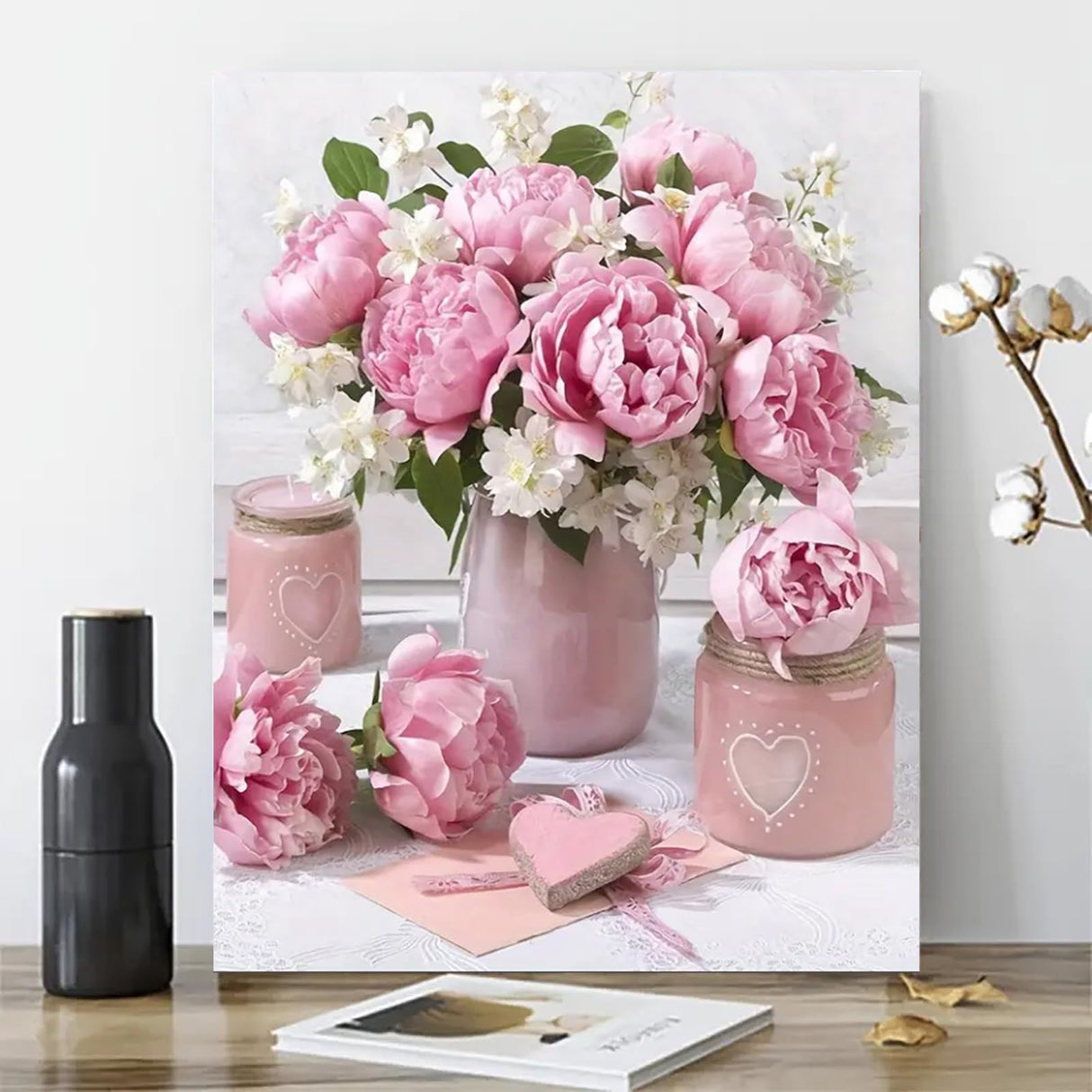 MaiMMaledy Paint by Numbers Kit for Adults Beginners Canvas Pictures with Framed Drawing Painting Acrylic Pigment with Wooden Triangle Easel Pink Flowers 8Wx12L inch MaiMMaledy