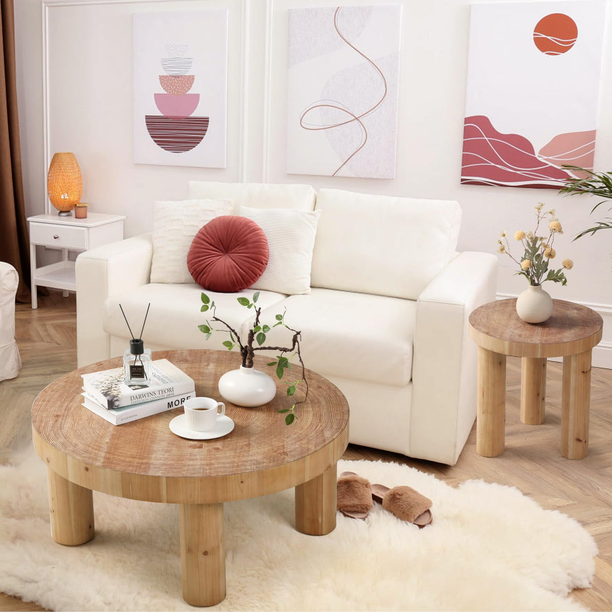 RUSTOWN 2-Piece Round Farmhouse Coffee Table, Rustic Coffee Table and End Table Sets, Circle Wooden Ring Finish with Solid Wood Legs, Center Table Set for Living Room (Natural) RUSTOWN