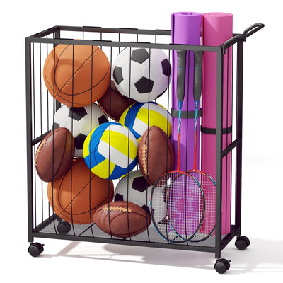 Homsorout Ball Storage Bin Rolling Sports Ball Cart, Metal Garage Organizer Sport Rack, Ball Basket Storage, Ball Cage for Garage or Gym, Indoor & Outdoor Sports Equipment Organizer Black