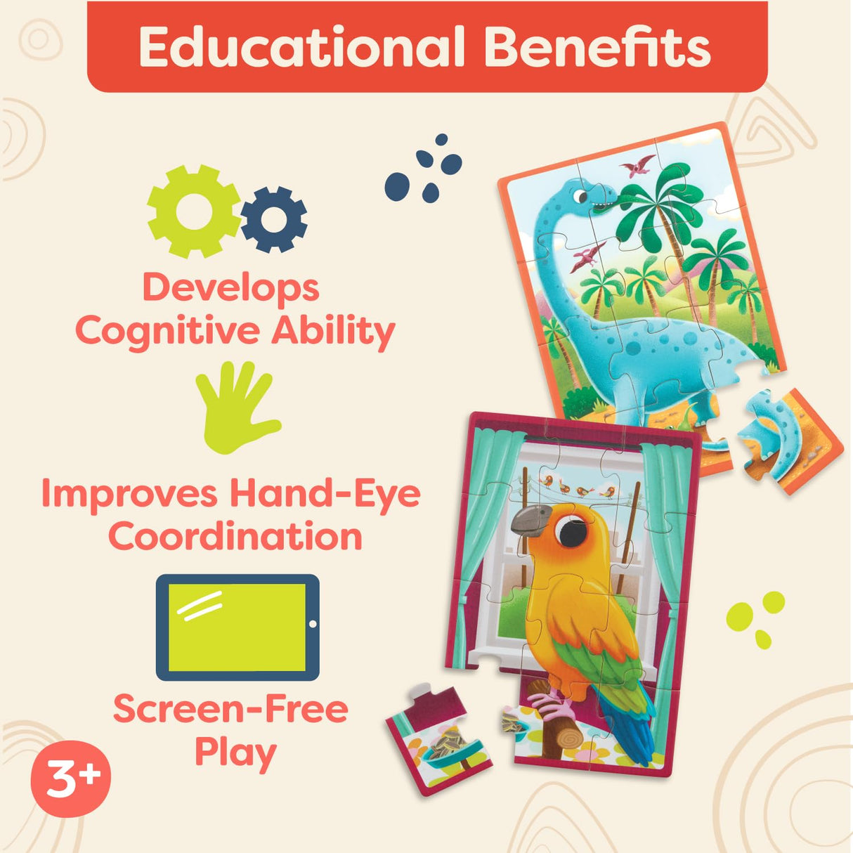 B. toys- Pack o' Puzzles 2-Pack - Pets & Dinos- Wooden Puzzle Box Set – 2 Puzzle Boxes, 8 Puzzles- 12-Piece Jigsaw Puzzles for Kids – 3 Years + B. toys