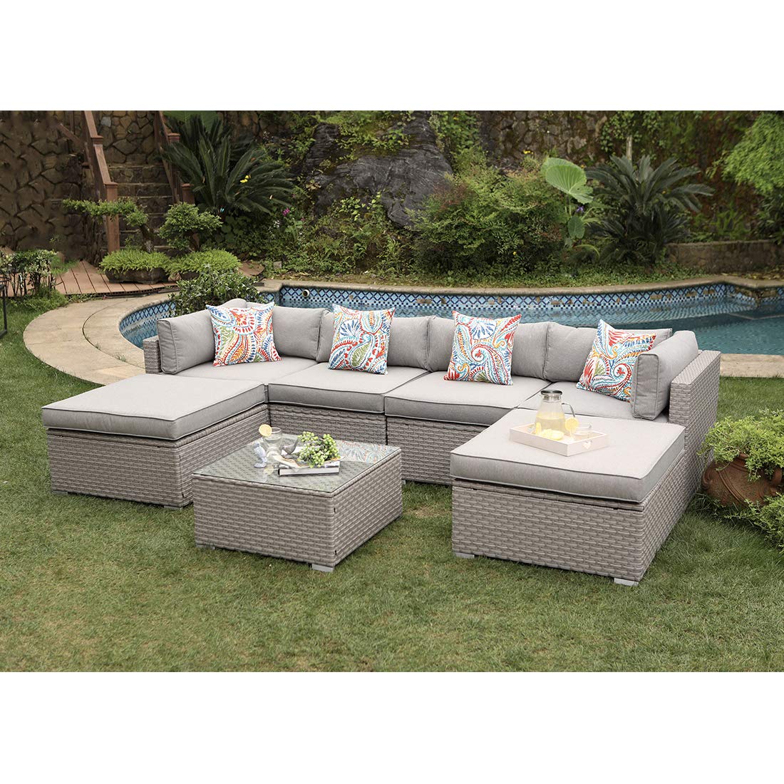 COSIEST 7-Piece Outdoor Furniture Warm Gray Wicker Family Sectional Sofa w Thick Cushions, Glass Top Coffee Table, 2 Ottomans, 4 Floral Fantasy Pillows for Garden, Pool, Backyard COSIEST