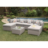 COSIEST 7-Piece Outdoor Furniture Warm Gray Wicker Family Sectional Sofa w Thick Cushions, Glass Top Coffee Table, 2 Ottomans, 4 Floral Fantasy Pillows for Garden, Pool, Backyard COSIEST