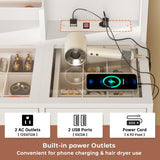 Vanity Desk with Openable Mirror and Lights, Glass Tabletop Makeup Vanity Set with Charging Station, White Vanity Table with 3 Drawers & 2 Cabinets, DIY Drawer Dividers, Hidden Hooks VIAGDO