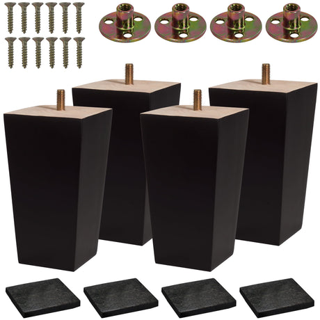 BARIEN (5 Sizes: 3"- 4"- 5"- 6"- 8") Set of 4 Wood Furniture Legs - Square Sofa Legs, Couch Leg - Brown Mid-Century Modern Replacement Legs for Armchair Recliner Coffee Table Dresser (5") BARIEN