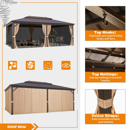 MELLCOM 14'x20' Hardtop Gazebo, Galvanized Steel Metal Double Roof Aluminum Gazebos with Curtain and Netting, Brown Permanent Pavilion Gazebo with Aluminum Frame for Patios, Gardens, Lawn - WoodArtSupply