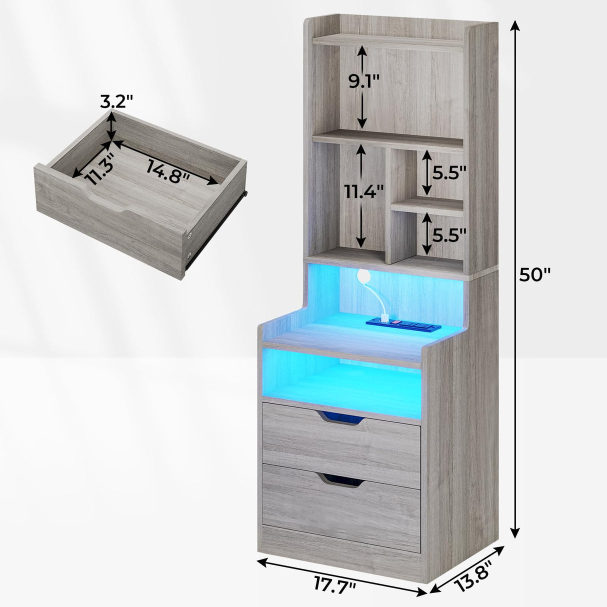 BTHFST Grey Tall Nightstand Set of 2 with LED Lights and Charging Station BTHFST