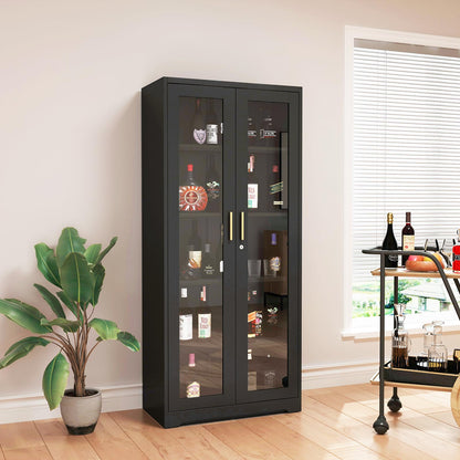 71" Tall Black Locking Cabinet, Metal Storage Cabinet with Glass Doors, Glass Display Cabinet, Curio Cabinet with 4 Adjustable Shelves, Cabinet for Home Office, Kitchen, Living Room- Assembly Required