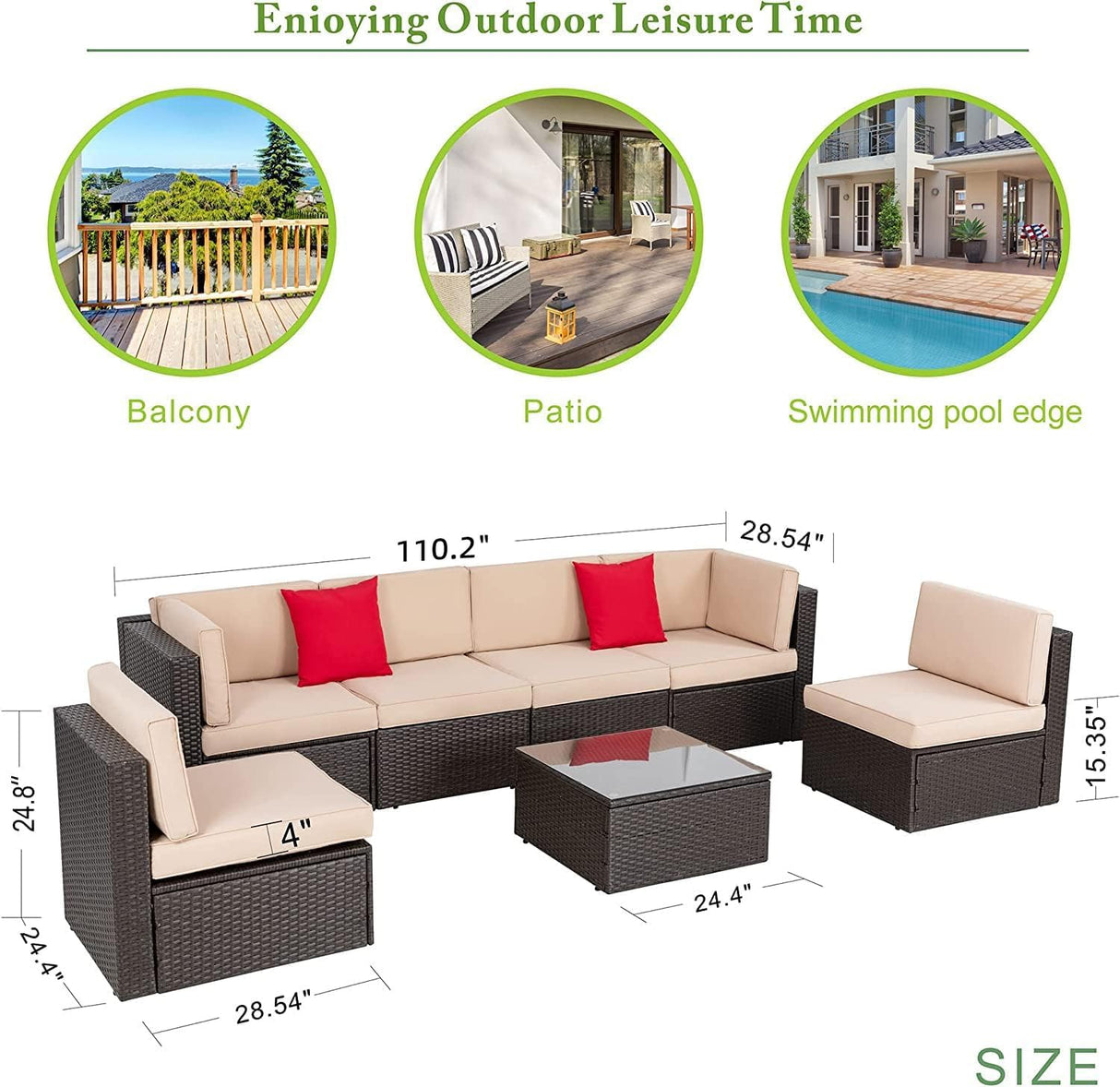 Vongrasig 7 PieceS Outdoor Patio Furniture Sets, Outdoor Sectional Rattan Sofa, PE Manual Weaving Wicker Patio Conversation Set with Cushion, Glass Table, Red Pillow (Beige) Vongrasig