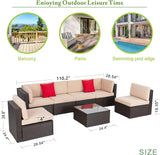 Vongrasig 7 PieceS Outdoor Patio Furniture Sets, Outdoor Sectional Rattan Sofa, PE Manual Weaving Wicker Patio Conversation Set with Cushion, Glass Table, Red Pillow (Beige) Vongrasig