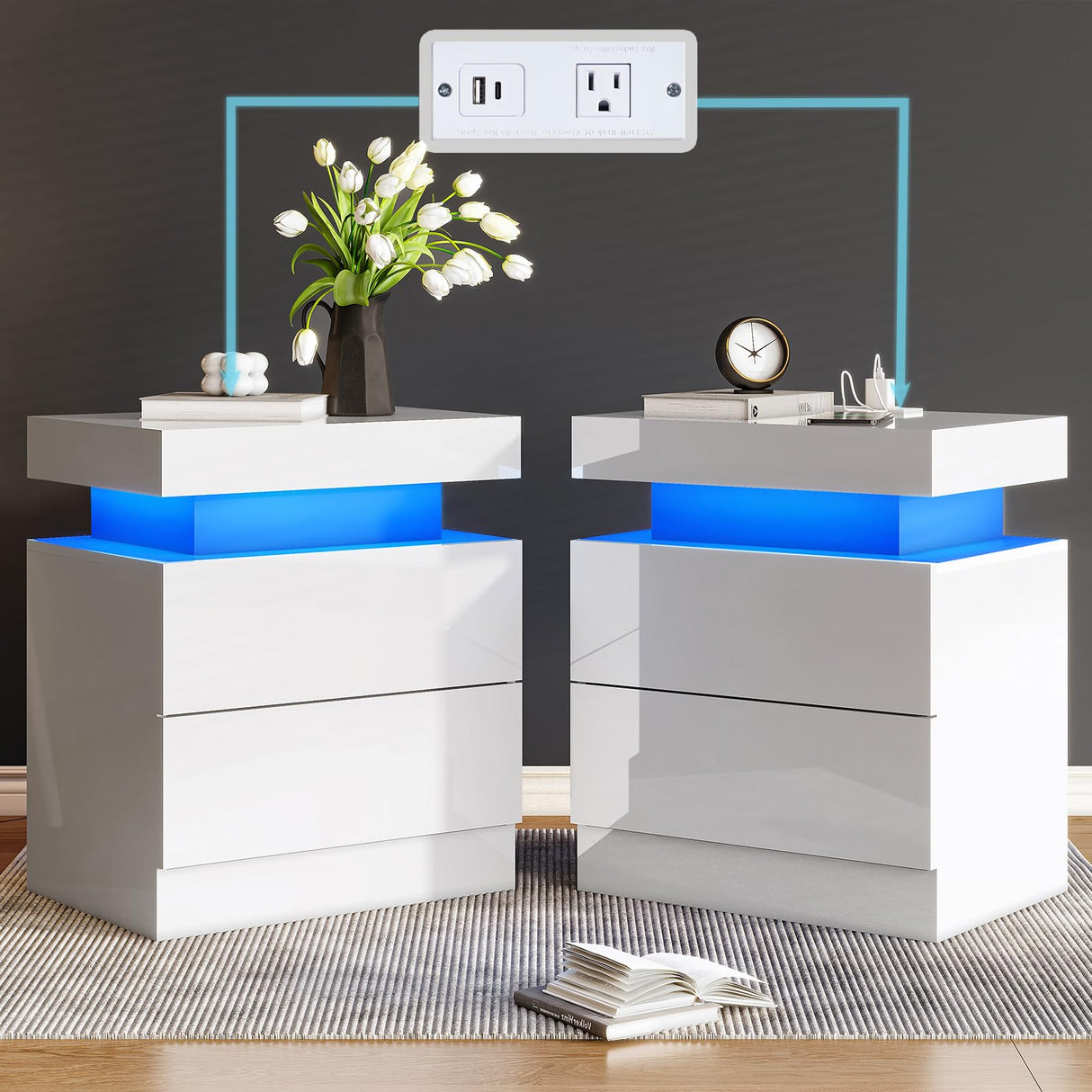 AMERLIFE High Gloss LED Nightstand Set of 2 with Charging Station, Modern Bedside Table Night Stand with LED Lights, Sofa End Side Tables with Drawers for Bedroom Living Room, White AMERLIFE