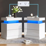 AMERLIFE High Gloss LED Nightstand Set of 2 with Charging Station, Modern Bedside Table Night Stand with LED Lights, Sofa End Side Tables with Drawers for Bedroom Living Room, White AMERLIFE