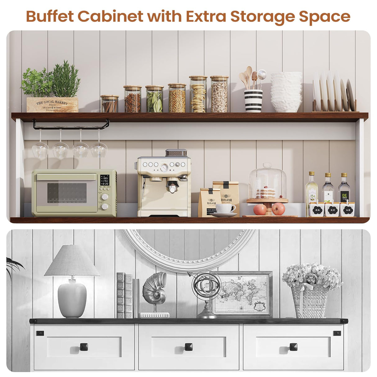 Hasuit Farmhouse Sideboard Buffet Cabinet with Goblet Holder & Power Outlet, Coffee Bar Storage with RGB LED Light and Adjustable Shelf for Kitchen Living Room (White) Hasuit