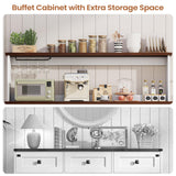 Hasuit Farmhouse Sideboard Buffet Cabinet with Goblet Holder & Power Outlet, Coffee Bar Storage with RGB LED Light and Adjustable Shelf for Kitchen Living Room (White) Hasuit