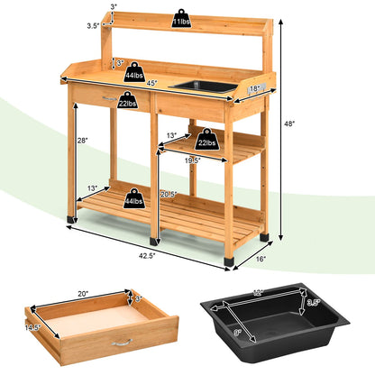 S AFSTAR Outdoor Potting Bench, Wooden Workstation Table w/Removable Sink, Tools Drawer, 3 Tier Open Shelf & 3 Side Hooks, Potting Table Gardening Table for Backyard Garden Supplies - WoodArtSupply