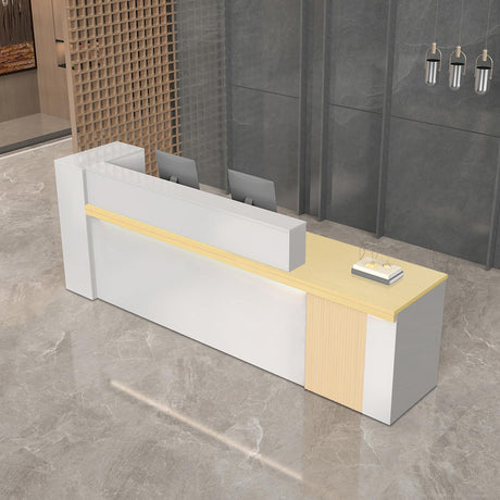 Huariifowm Modern L Shape Reception Desk with Counter, LED Light, Lockable Drawer, Keyboard Tray, for Salon, Office, or Lobby Receptionist Desk(Maple+White/Right, 71" L*24" W*39" H) Huariifowm