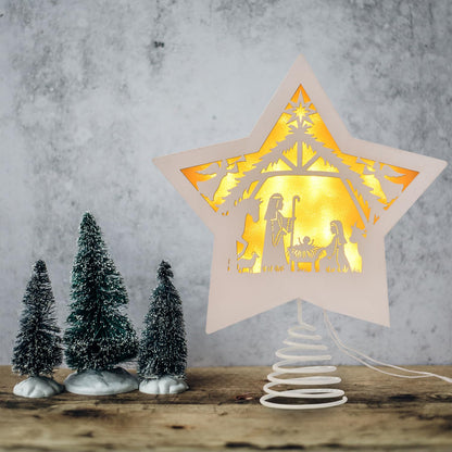 GHOSTMAGIC Christmas Tree Topper Star Nativity 7.87 x 9.25 inches Wooden Xmas Tree Top Star with 3 Modes LED Light Treetop Decoration for Christmas Bar Shop Office Home Decor (White)