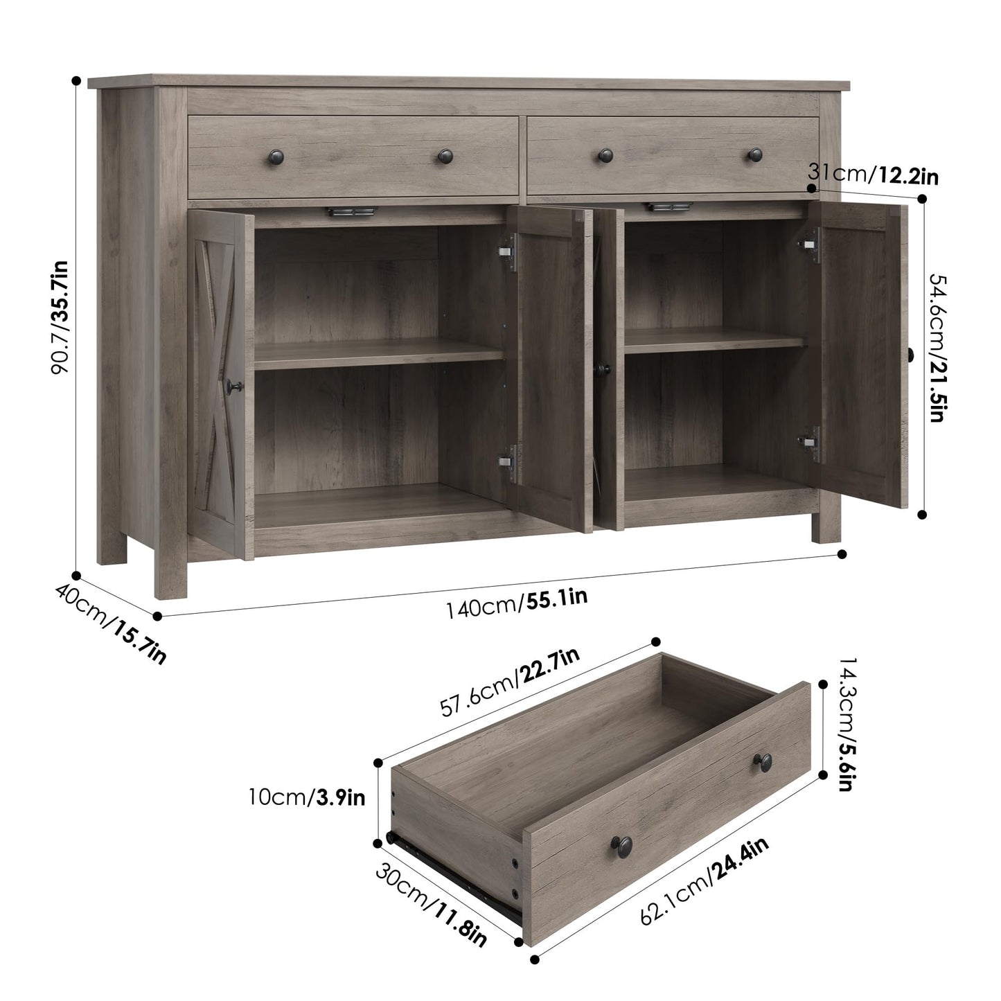 FOTOSOK Sideboard Buffet Cabinet with Storage, 55" Large Kitchen Storage Cabinet with 2 Drawers and 4 Doors, Wood Coffee Bar Cabinet Buffet Table for Kitchen Dining Room, Ash Grey - WoodArtSupply