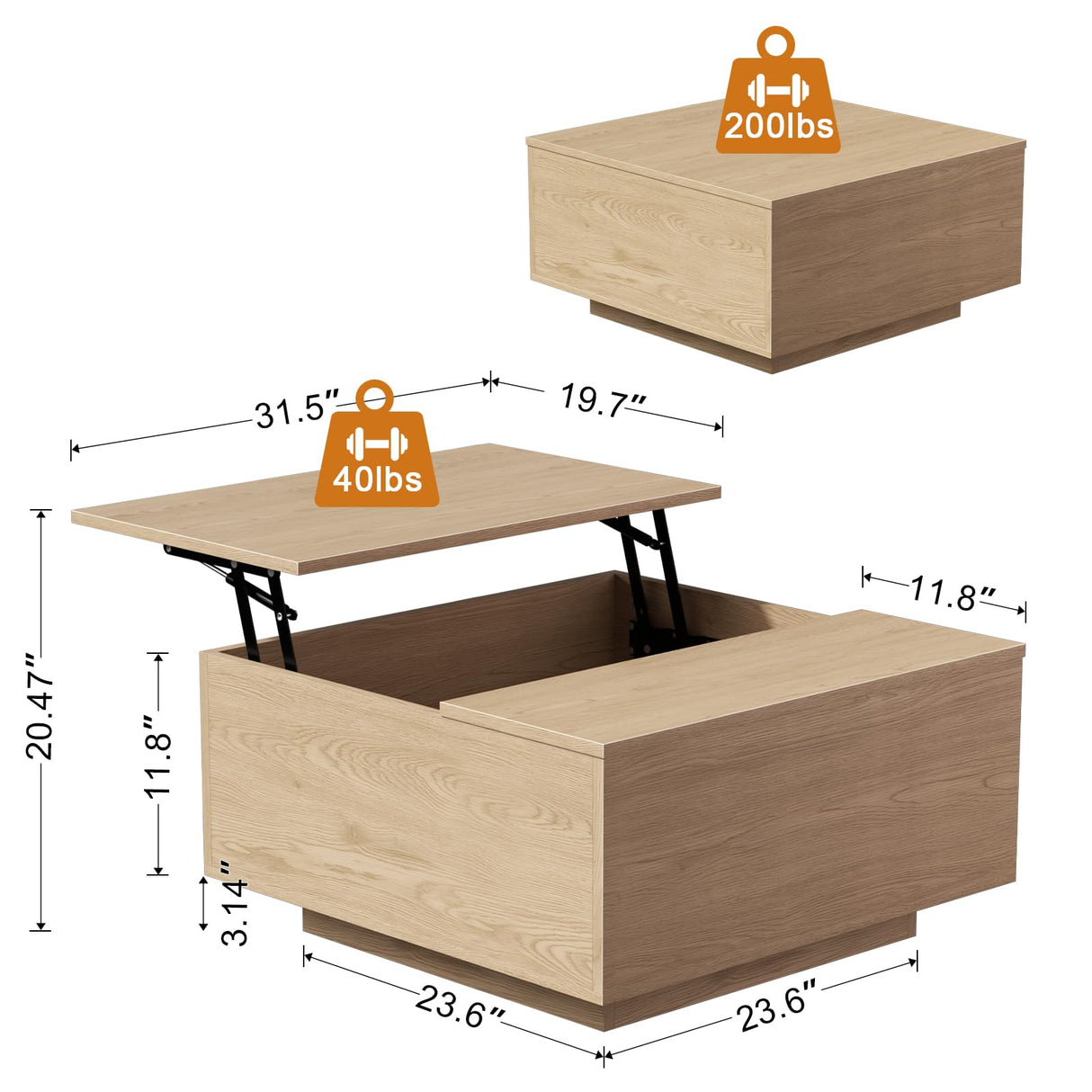 FABATO Lift Top Coffee Table, Wood Square Coffee Table with Storage, Farmhouse Coffee Tables with Hidden Storage Compartment, Center Table with Lifting Tabletop for Living Room, Home Office, Natural FABATO