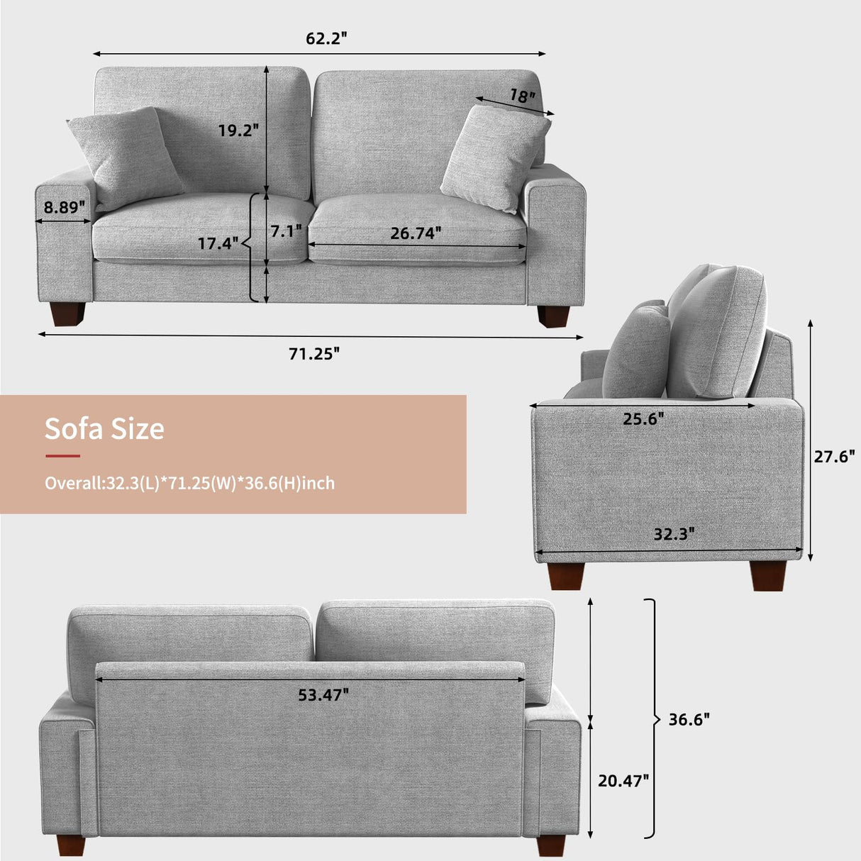 DOPEDIO Modern Loveseat Sofa for Living Room,Chenille Recliner, Removable Cover, Spring Cushions, Solid Wood Frame, Easy Assembly for Small Spaces (71.25inch，Light Gray) DOPEDIO