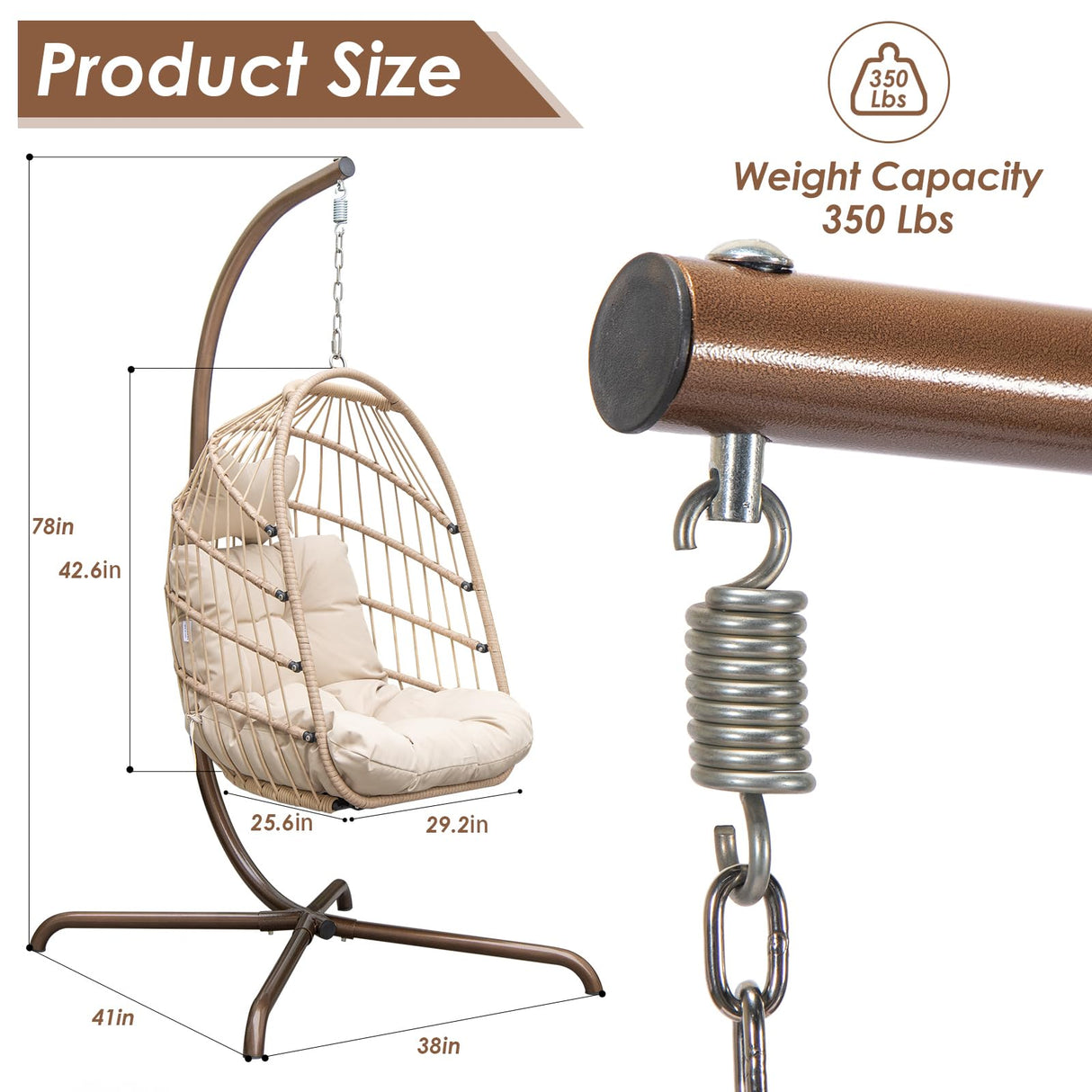 NICESOUL Hanging Egg Chair with Stand Indoor Outdoor, Comfy Patio Rattan Swing Hammock Chairs with Cushion, 350lbs Capacity Egg Shaped Chair for Lawn Backyard Balcony Bedroom, Birthday Gift, Beige NICESOUL