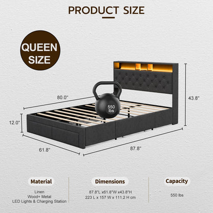 IKIFLY Dark Grey Queen Bed Frame with Storage Drawers, Charging Station & LED Lights - WoodArtSupply