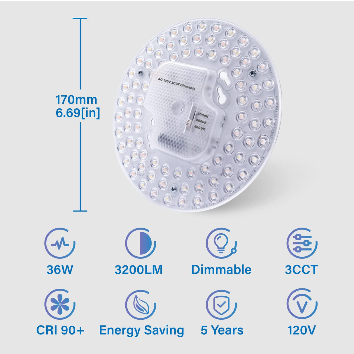 Lustaled 2Pack 36W LED Light Engine Retrofit Kit,6.69inch 3200LM 3CCT 3000K/4000K/5000K Dimmable Ceiling Fan Light Kits,AC 120-130V Ceiling Fan Light Replacement for Ceiling Flush Light Lustaled