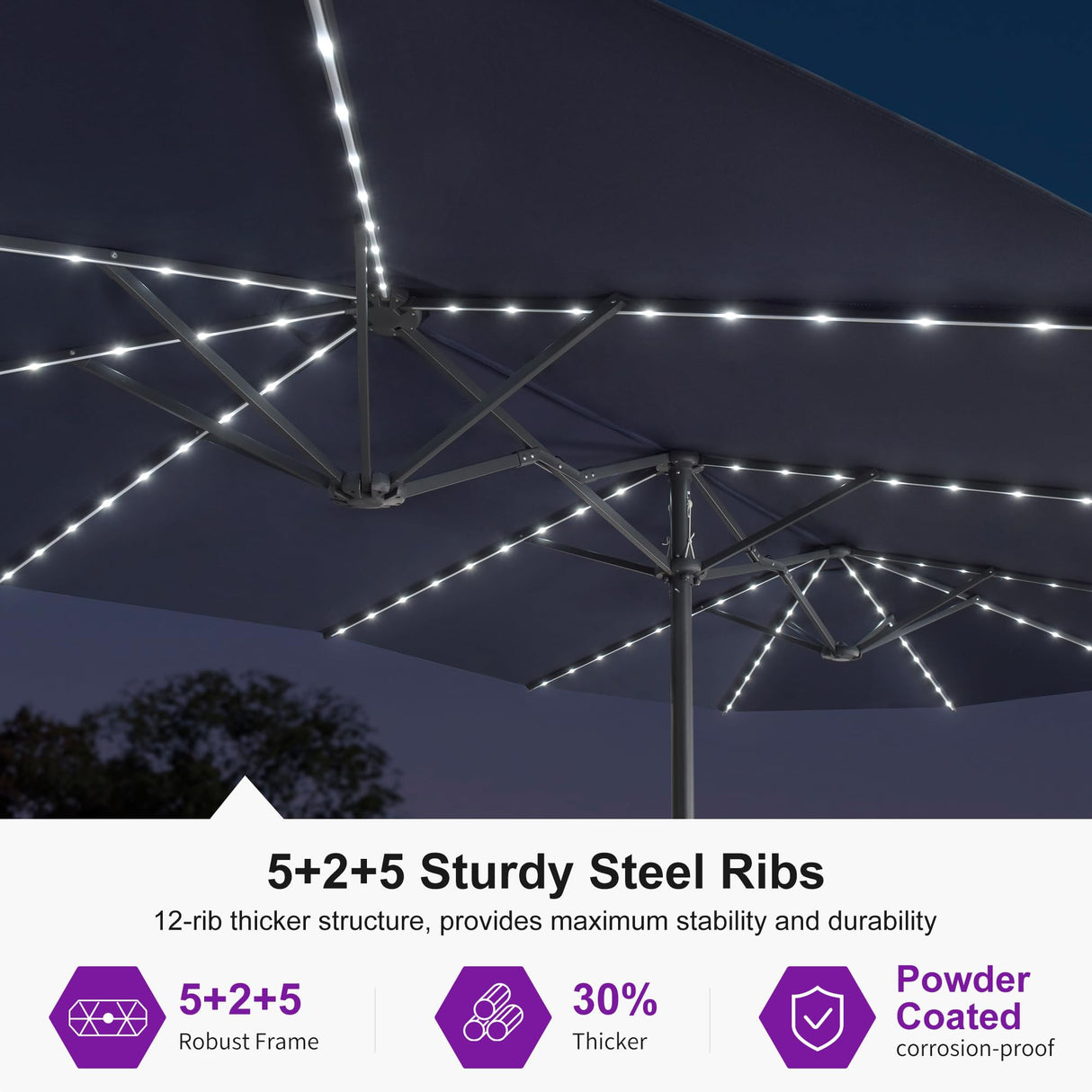 PURPLE LEAF 15ft Double-Side Patio Umbrella with Base and Solar Lights Outdoor Market Umbrella with Crank Handle Rectangle Umbrella for Backyard Pool Garden Deck, Navy blue PURPLE LEAF