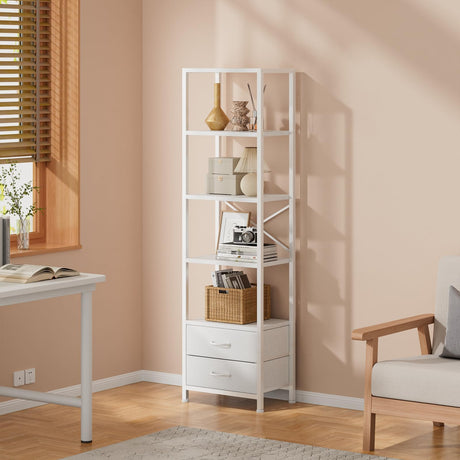 Furnulem 5-Tier Corner Shelf, Narrow Bookshelf with 2 Storage Drawers, Tall Bookcase, Standing Shelf Organizer Unit for Living Room, Bedroom, Metal Frame, Wood Display Shelf(White) Furnulem