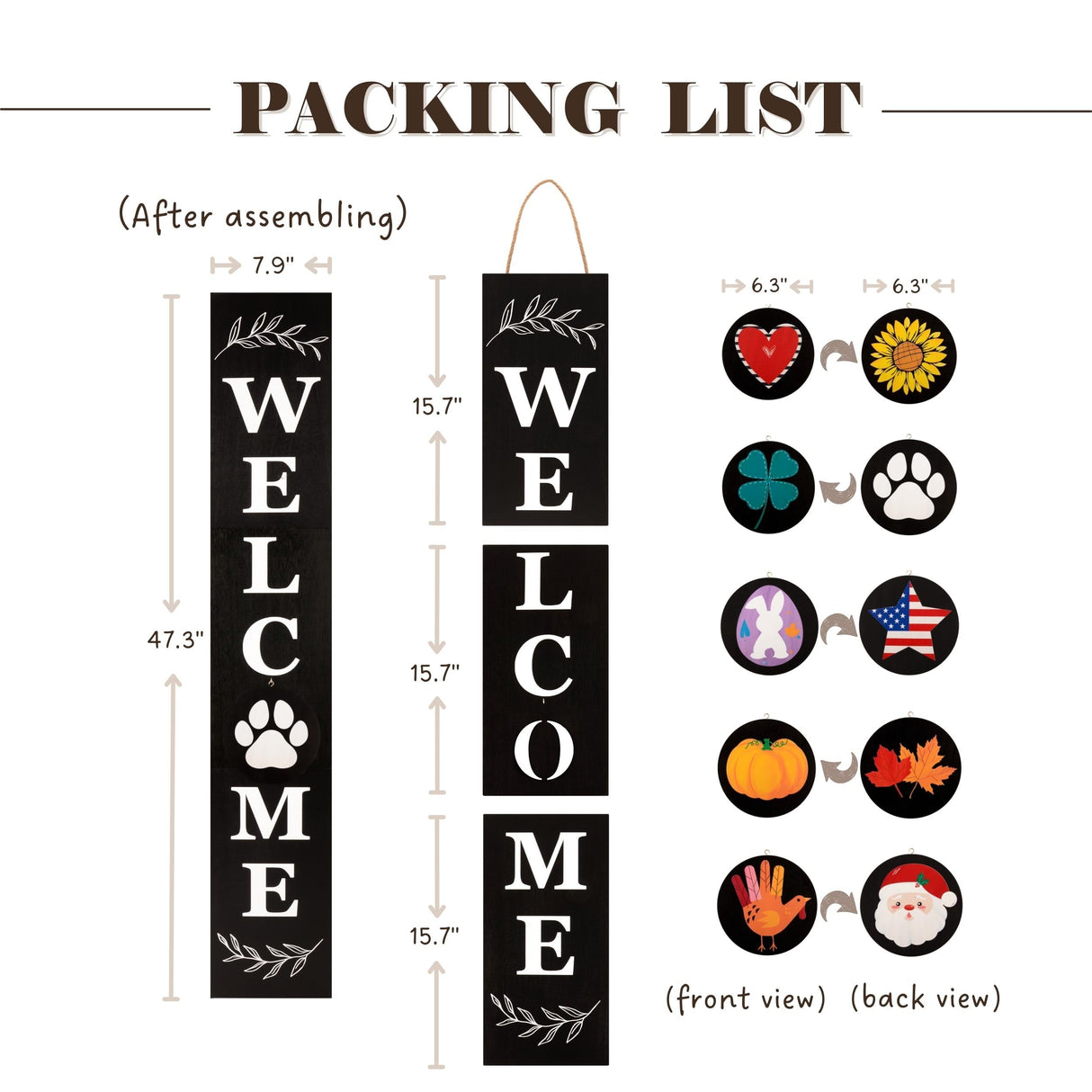 Welcome Sign for Front Door, 47 x 7.9 Wooden Sign with 10 Interchangeable Icons for Porch Standing, Farmhouse Seasonal Decor (Black) PERFNIQUE