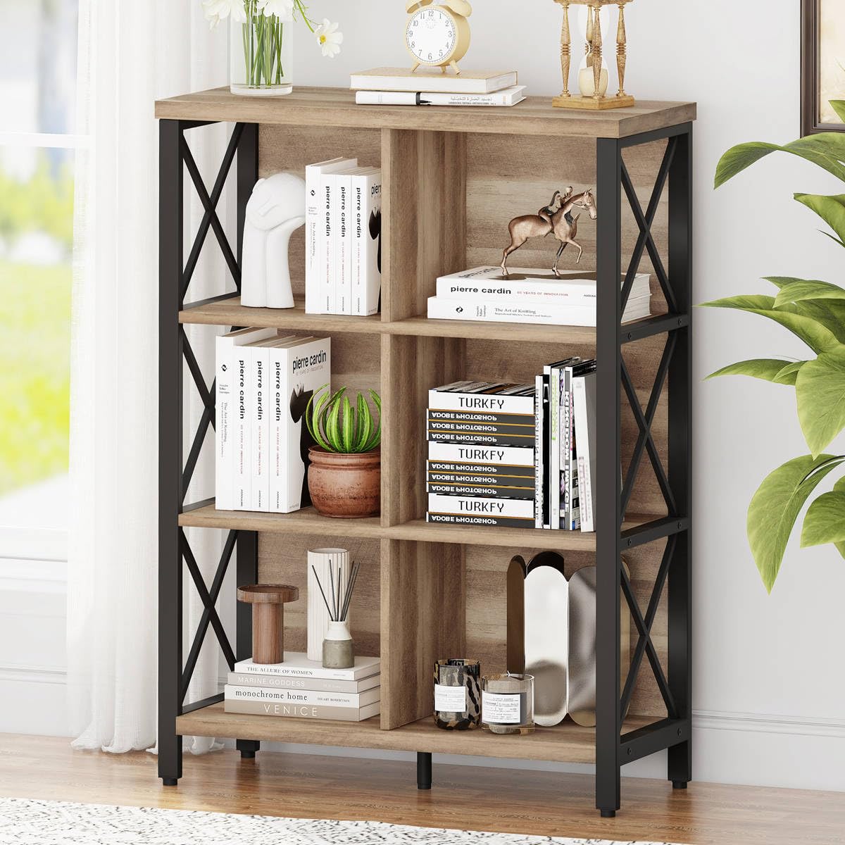 FATORRI Rustic 6 Cube Storage Organizer Shelf, Wood and Metal Cubby Bookcase, Industrial 4 Tier Cube Bookshelf (Rustic Oak) FATORRI