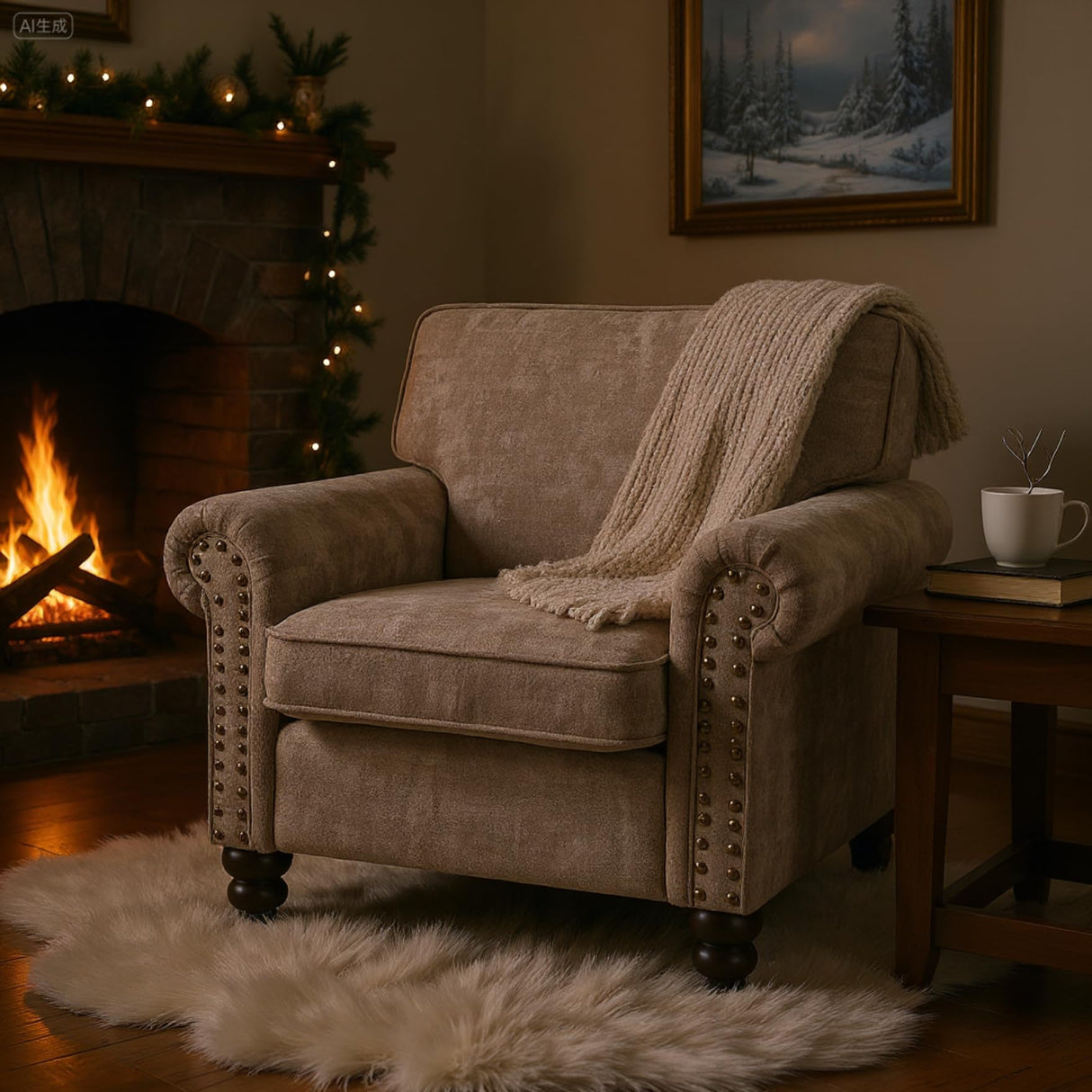 Sivoey Nailhead Armchair, Rolled Arms Accent Chair for Living Room, Single Sofa Chair with Springs Seat Cushion & Wooden Legs, Mid-Century Armchair for Apartment, Office, Farmhouse, Light Brown Sivoey