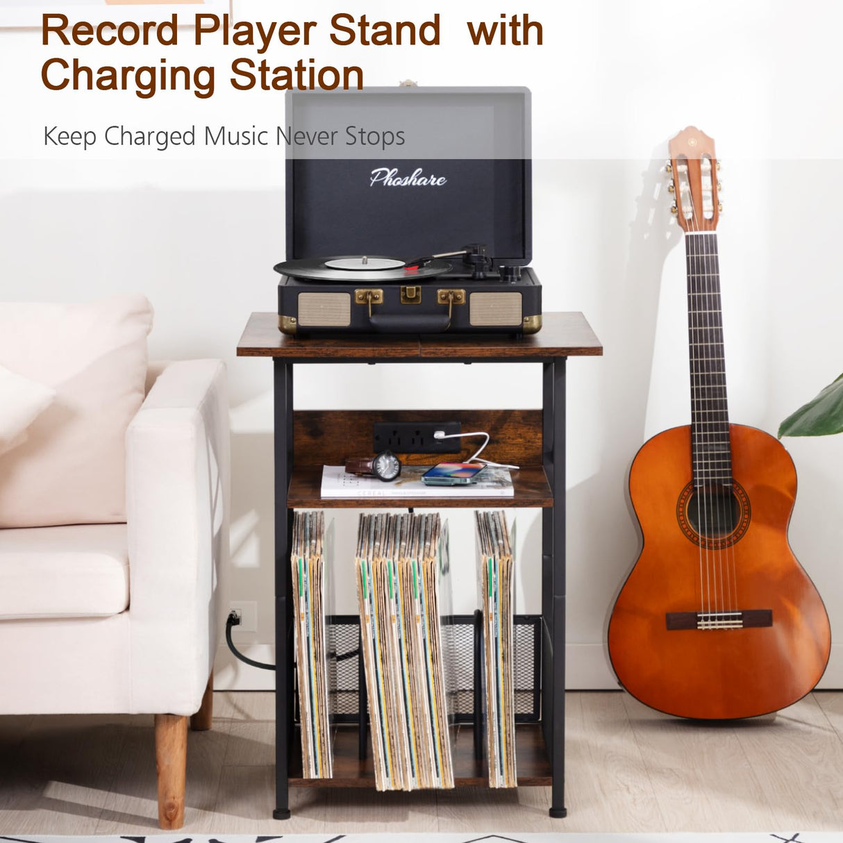AMHANCIBLE Record Player Stand with Charging Station, Large Turntable Stand with Storage Cabinet, 3 Tier End Table Hold Up to 100 Albums, Record Stand for Vinyl, Living Room, Brown, HETCD012BR-1 AMHANCIBLE