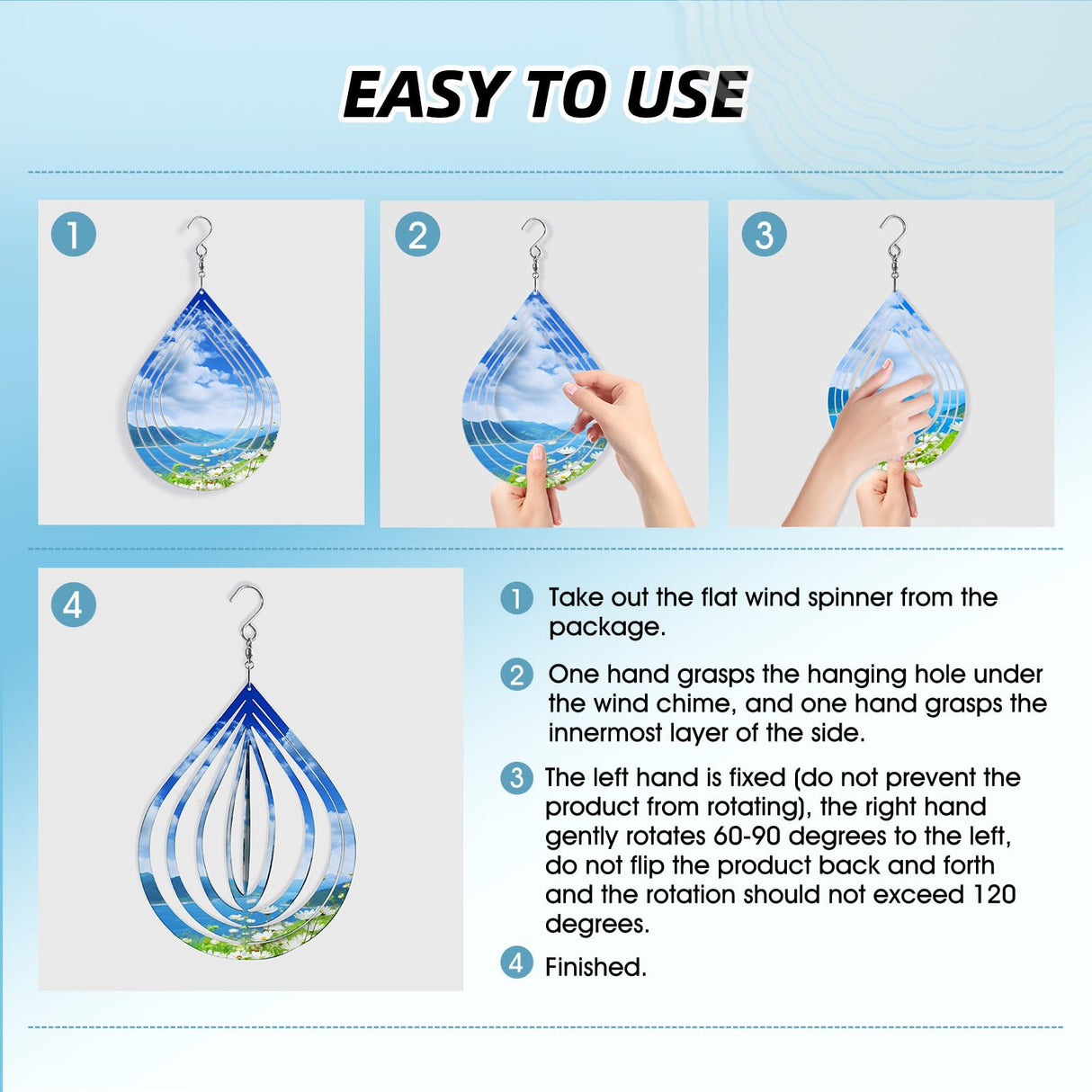 Sublimation Wind Spinner Blanks 8 Inch 4 Pack Wind Spinners Sublimation Blanks with Crystal Pendant Aluminum Metal Wind Spinners for Yard Garden Indoor Outdoor Window Porch Decoration（Waterdrop CHONOVO