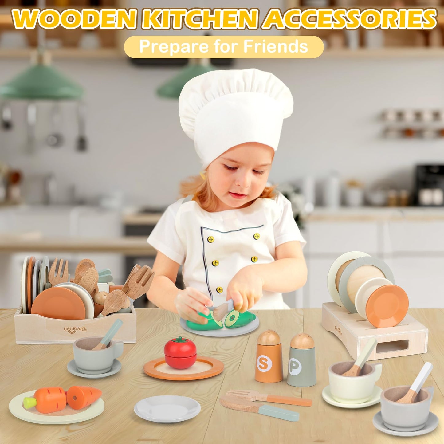 Wooden Play Dishes and Plates for Kids Kitchen Set, 27 PCS Wooden Play Kitchen Accessories, Kitchen Toy for Toddlers 2-4 Years Girls and Boys