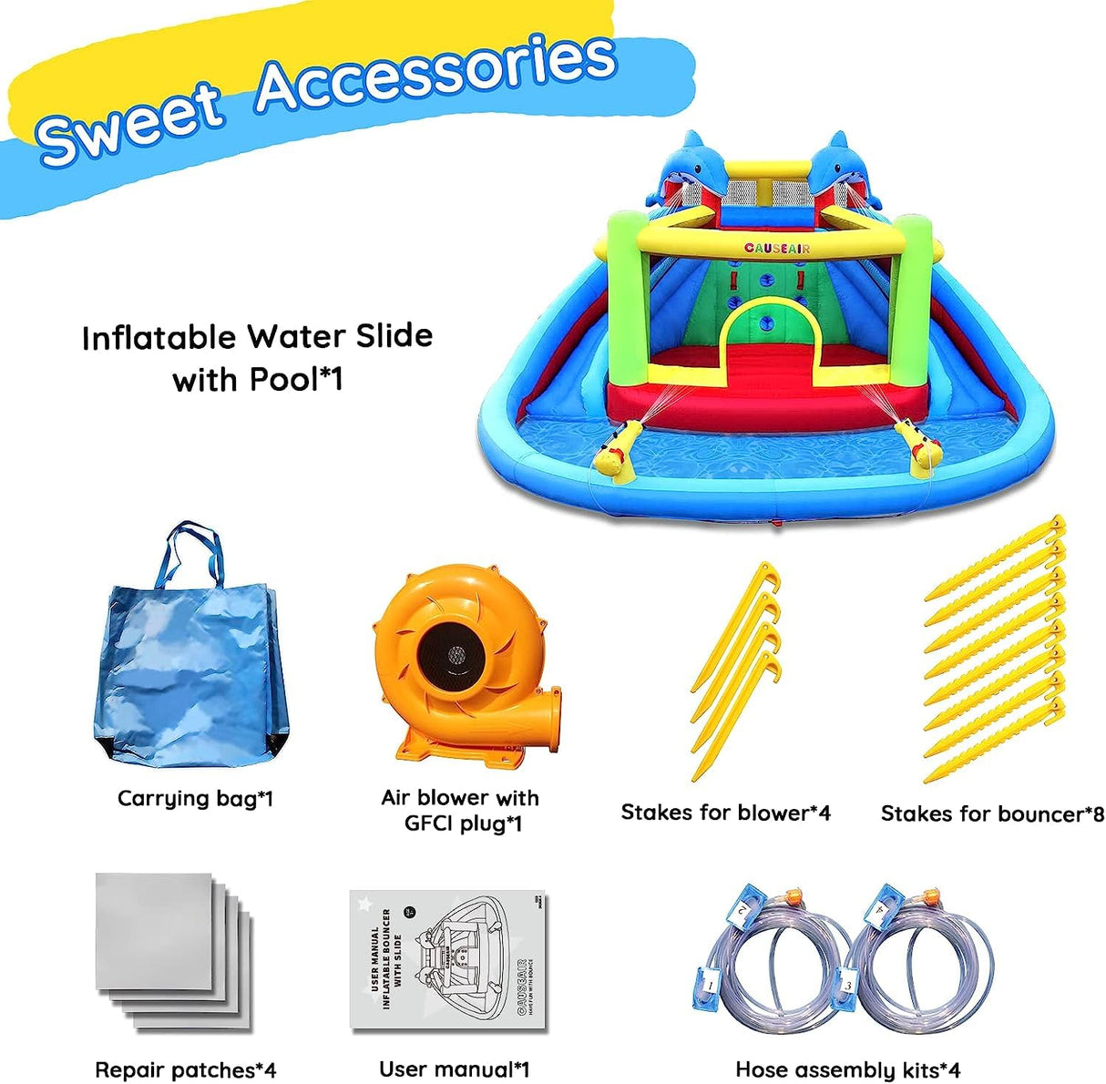 Causeair Inflatable Bounce House with Double Slide,Dolphin Styling,Splashing Pool,Double Water Cannon,Climbing Wall,Heavy Duty GFCI Blower,Inflatable Water Park Slide for Kids Backyard Summer causeair