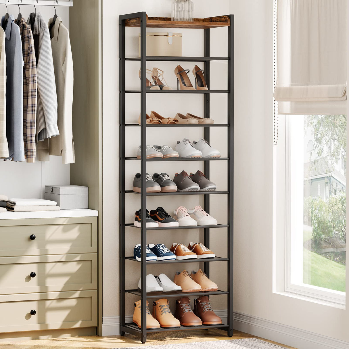 HOOBRO 10 Tier Shoe Rack, Narrow Shoe Storage Organizer with 9 Metal Shelves, Saving Space, Stable and Sturdy, Hold 18-27 Pairs of Shoes, for Entryway, Hallway, Living Room, Rustic Brown BF40XJ01 HOOBRO