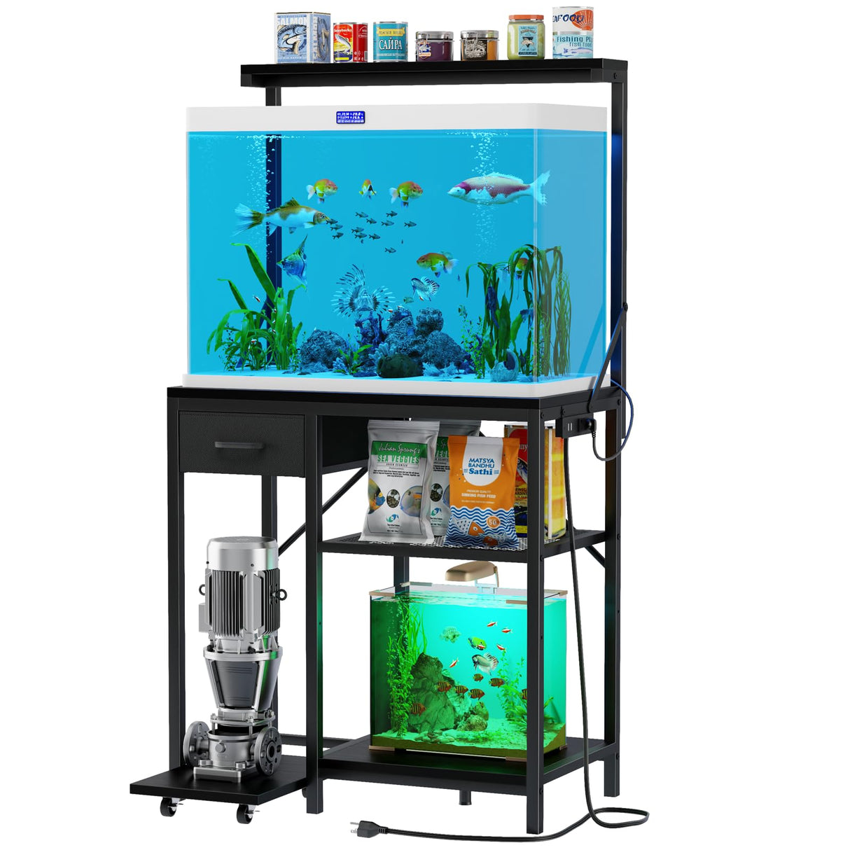 Korfile Large Aquarium Stand with Power Outlet, Tall 4 Tiers Fish Tank Stand with Storage Drawer, 400LBS Capacity Terrarium Stand with 4 Wheels, Reptile Tank for Accessories Storage, Black Korfile