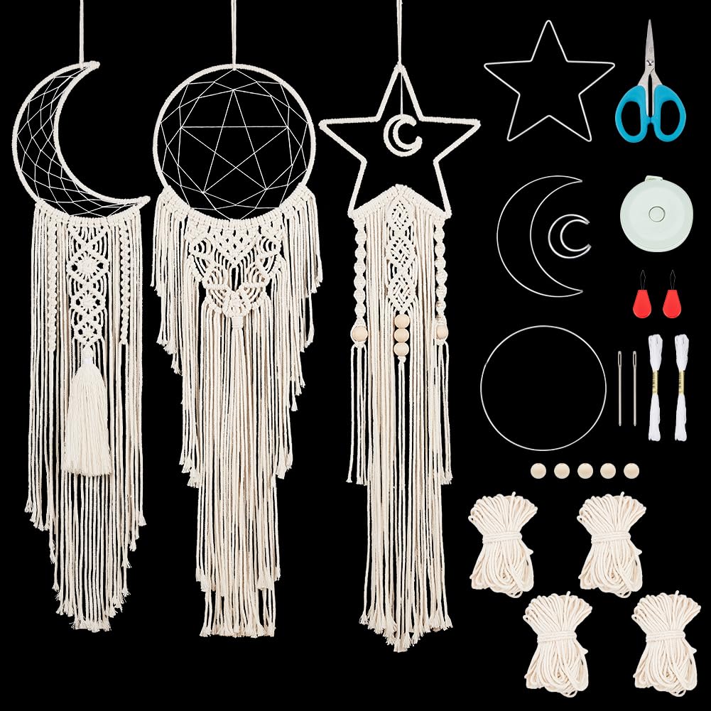 BEUNITONE Macrame Kits for Adults Beginners Easy 3 Set Moon Star Craft Kits DIY Dream Catcher Kit with Instructions Video Macrame Wall Hanging Supplies Dream Catcher Kit for Room Wall Decoration BEUNITONE