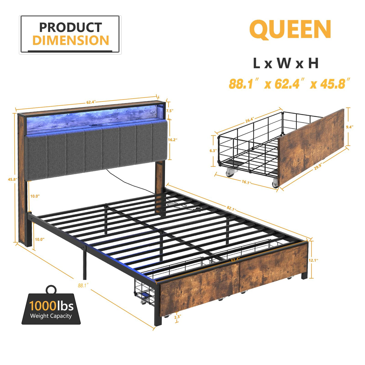 Meitewei Queen Bed Frame with Hidden Storage Headboard and 2 Drawers, LED Bed Frame with Charging Station, Metal Platform Bed Frame, No Box Spring Needed, Vintage Brown Meitewei