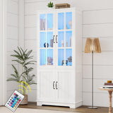 LUXOAK 71" White LED Storage Cabinet with Adjustable Shelves & 4 Doors - Perfect for Home Office, Dining Room, or Kitchen LUXOAK