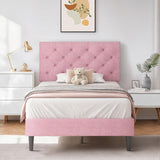 HOMBCK Twin Bed Frame, Upholstered Twin Bed Frame with Headboard, Pink Twin Bed Frame for Girls, Wood Slats, Linen Fabric, Button Tufted, No Box Spring Needed, Pink HOMBCK