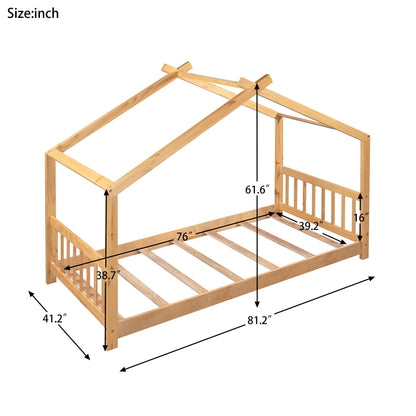 Merax Twin Size Wood House Bed with Roof, Headboard and Footboard, No Box Spring Needed, Natural - WoodArtSupply