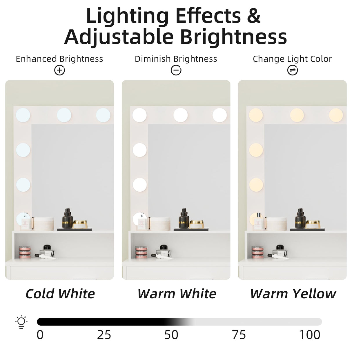 JUMMICO 39.3'' Vanity Desk with LED Lighted Mirror &Power Outlet, Makeup Vanity Table with 4 Large Drawers and 3 Storage Shelves, 3 Model Adjustable Lights for Bedroom & Dressing Room (White) JUMMICO