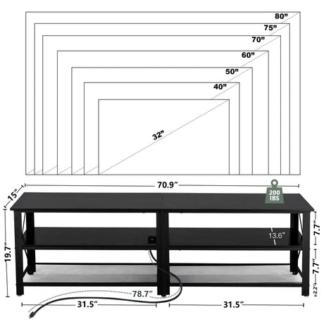 Clikuutory Modern Black 71 inch Metal TV Stand with LED Lights and Power Outlets for 50 60 65 70 75 80 Inch TVs, 3 Tier Television Stands with Entertainment Center and Storage for Living Room, Bedroom Clikuutory