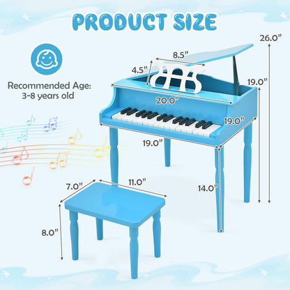 Goplus 30-Key Classical Kids Piano, Mini Grand Piano Wooden Learn-to-Play Musical Instrument Toy with Bench, Piano Lid, Music Rack, Gift for Boys - WoodArtSupply