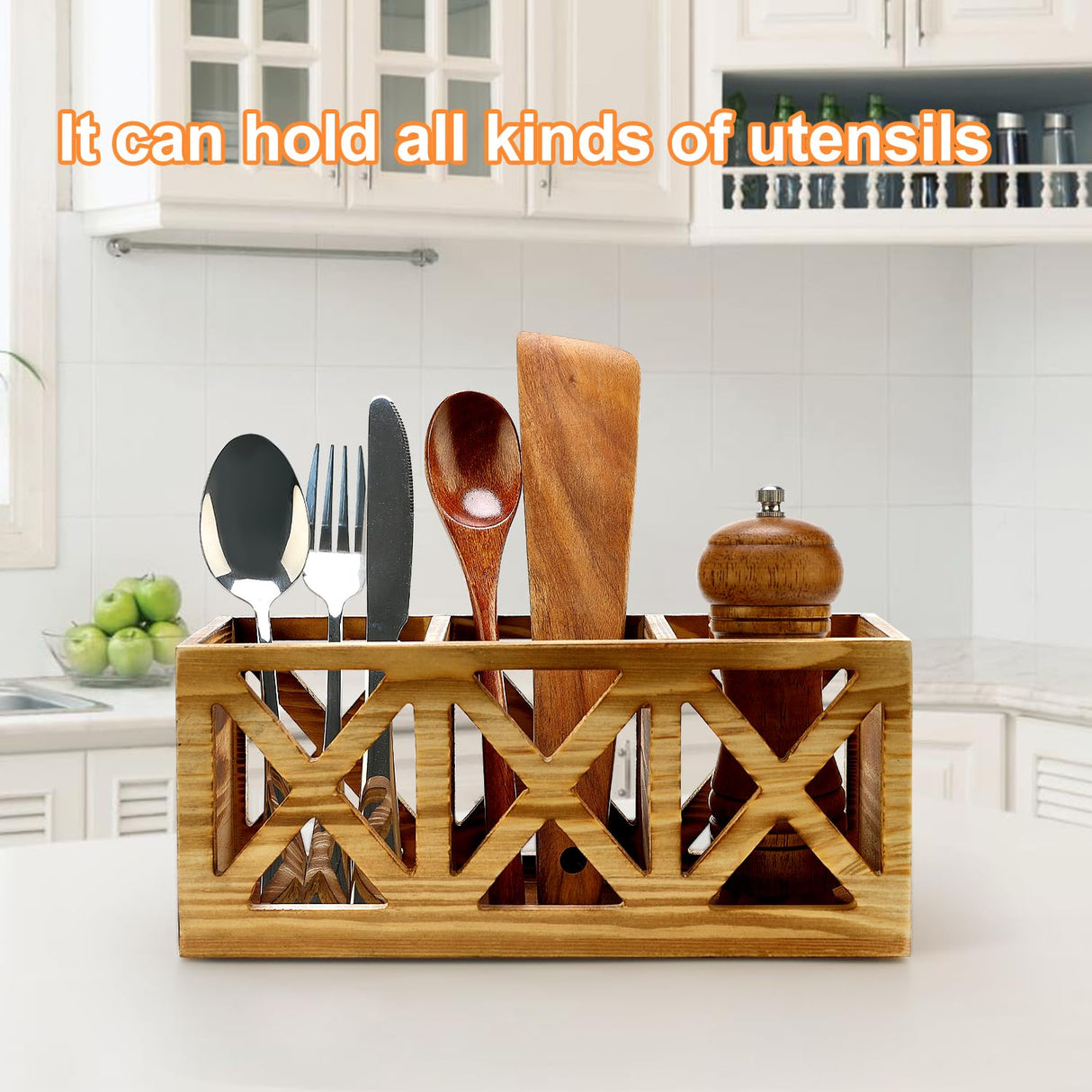 Wooden Cutlery Silverware Holder Flatware Caddy Wood Utensil Holder for Kitchen Counter Decor Small Silverware Organizer Countertop Spoon and Fork Holder Table Utensil Caddy for Party Cutlery Basket Ayiaren