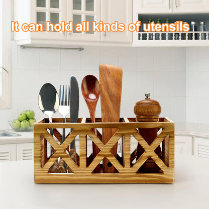 Wooden Cutlery Silverware Holder Flatware Caddy Wood Utensil Holder for Kitchen Counter Decor Small Silverware Organizer Countertop Spoon and Fork Holder Table Utensil Caddy for Party Cutlery Basket