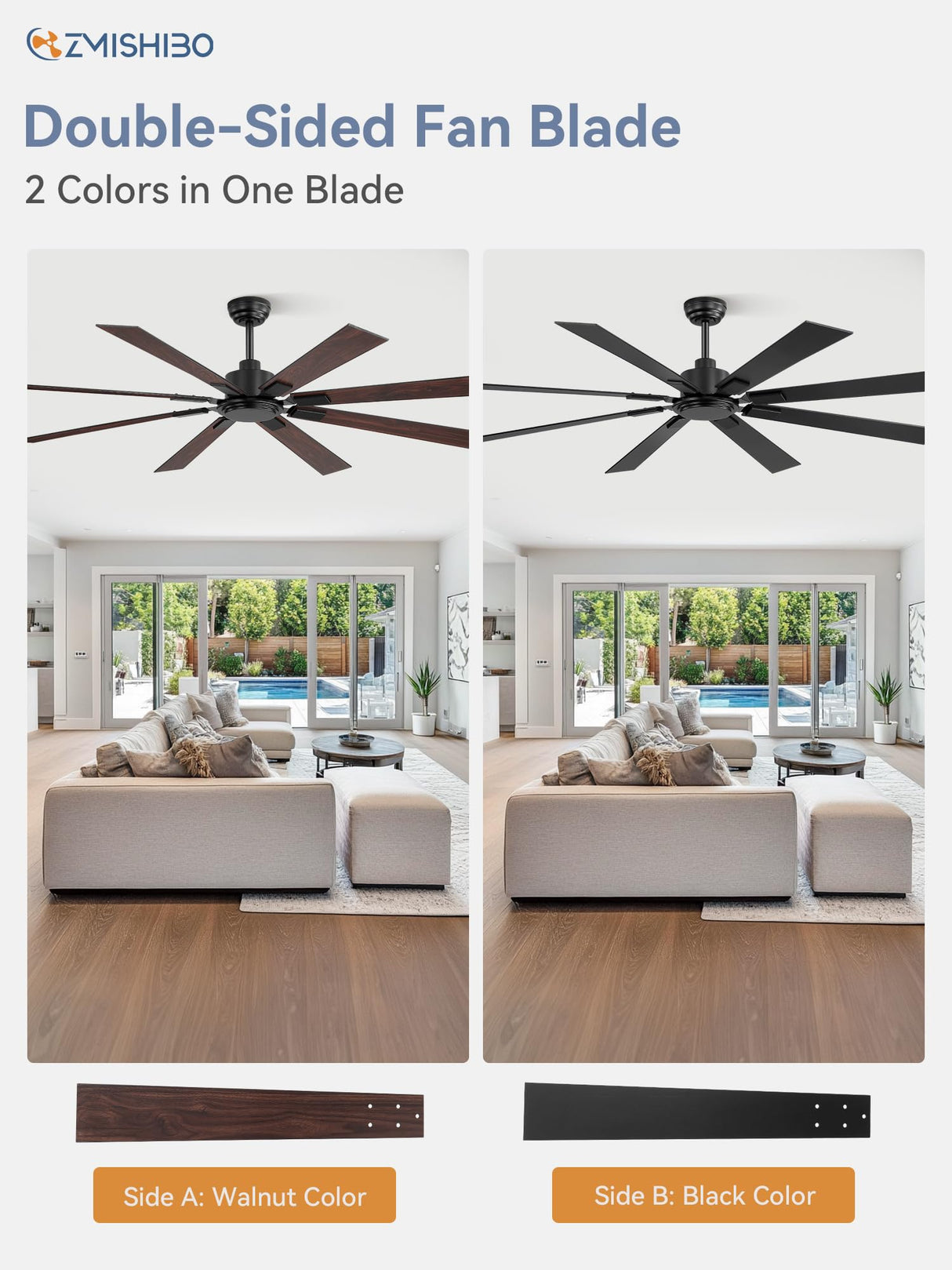 ZMISHIBO 72 Inch Ceiling Fan No Light with Remote Control, 8 Blades Quiet DC Reversible Motor, 6-Speed, Timer, Black Finish, Indoor Outdoor Ceiling Fans for Patios, Living Room, Garage ZMISHIBO