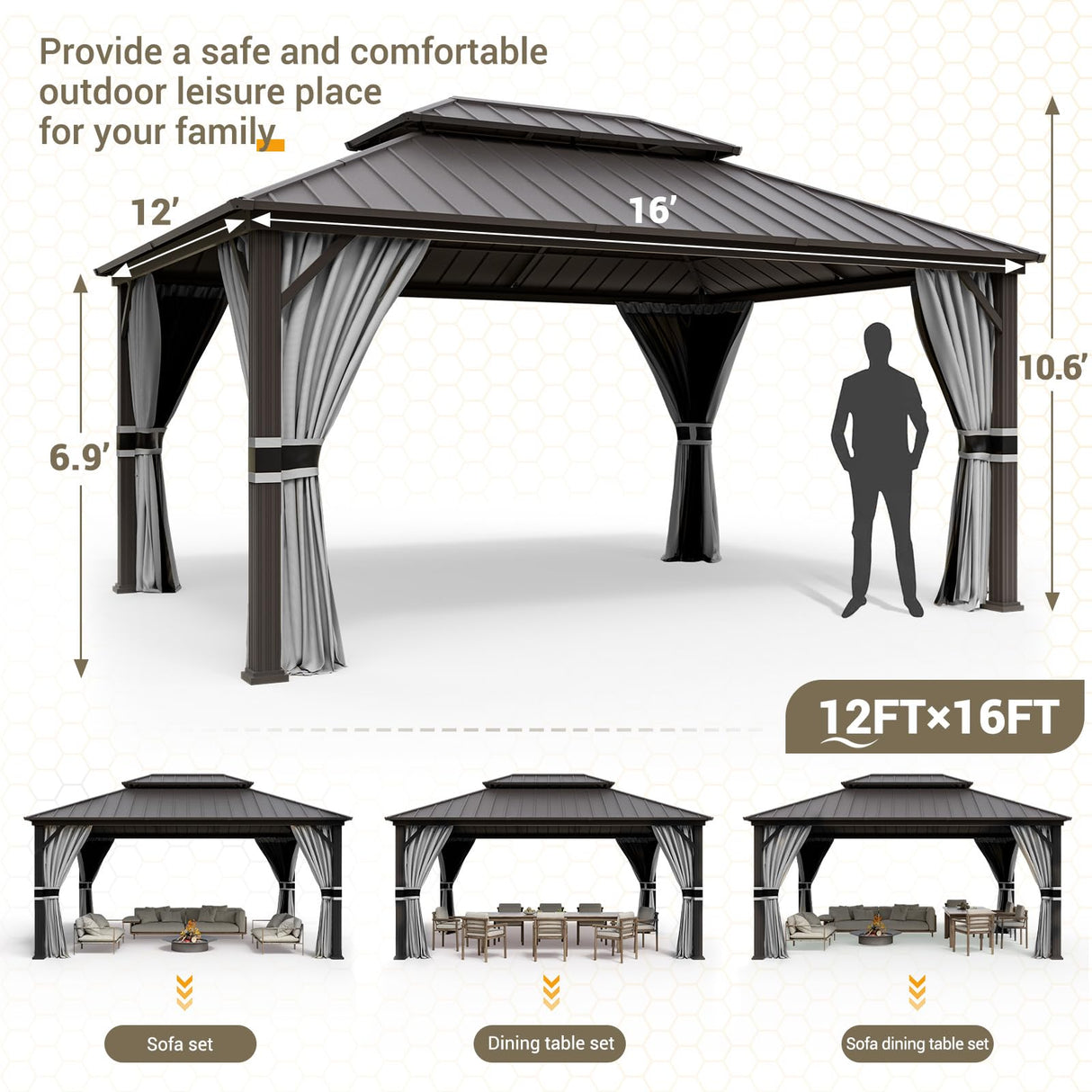 UDPATIO 12' x 16' Hardtop Gazebo, Galvanized Steel Double Roof Permanent Aluminum Gazebo, Outdoor Metal Pergolas with Mosquito Netting and Curtains for Garden, Parties, Patio, Deck, Lawns, Grey UDPATIO