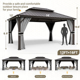 UDPATIO 12' x 16' Hardtop Gazebo, Galvanized Steel Double Roof Permanent Aluminum Gazebo, Outdoor Metal Pergolas with Mosquito Netting and Curtains for Garden, Parties, Patio, Deck, Lawns, Grey UDPATIO